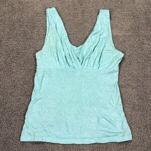 Y2K Babydoll Tank Top Womens Small Blue Crop Ruched Pleated V Neck Made USA VTG